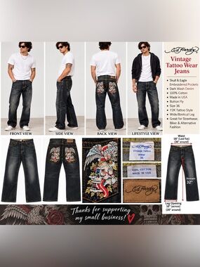ED Hardy Vintage Tattoo wear Jeans Men’s 36 Inseam 32”17”& 10”hem Skull/Snake